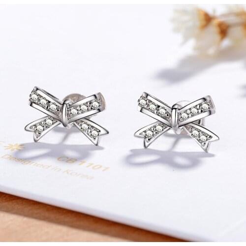 925 sterling silver fashion lady cute bow 8 word simple inlaid zircon crystal female earrings party ladies gift
