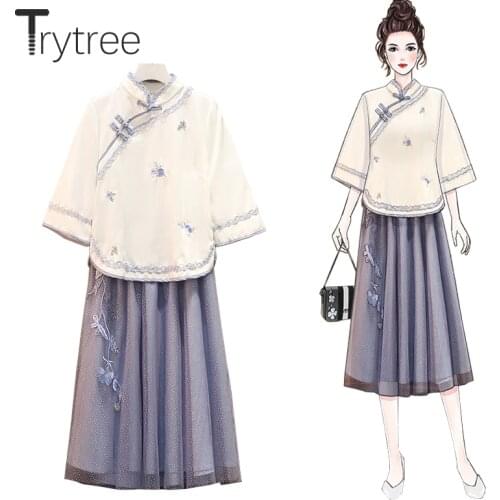 Trytree Summer Women Two Piece Set Casual Chinese Style Lace Tops + Skirt Elastic Waist Mid-Calf Embroidery Floral 2 Piece Suit