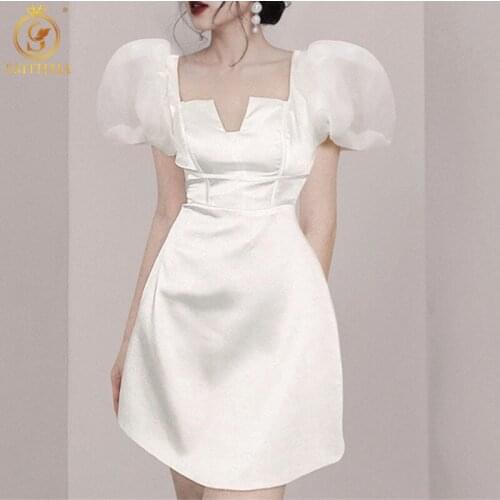 Women Summer Dress 2021New Fashion White Elegant Puff Sleeve Party Beach Dress Vacation Casual Mini Dress