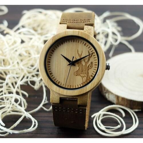 2018 Deer Design Bamboo Wooden Quartz Watches Men Women Luxury Retro Genuine Leather Wristwatch Hombres de las mujeres Relojes