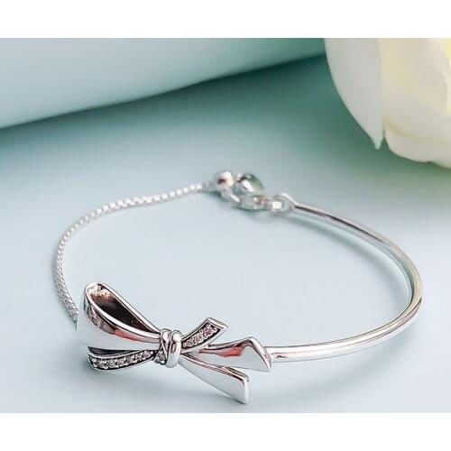 Authentic 925 Sterling Silver Pan Bracelet New Gorgeous Bow Simple Classic Versatile Bracelet Fit Diy Charm Women Jewelry