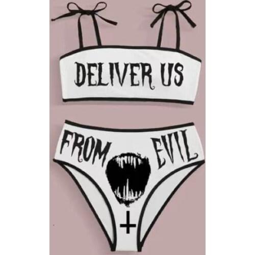 Lettering Teeth Big Horrible Mounth Printing Dark Metal Sweet Gothic Bikini Set Cosplay Harajuku Stage Show Costumes DJ