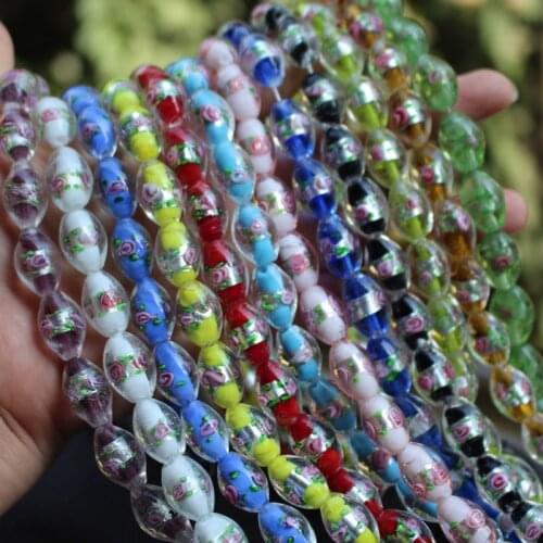 20pcs/lot 17*11mm Lampwork Glass Beads Oval Shape Flower With White Foil Multi-Color for jewelry making