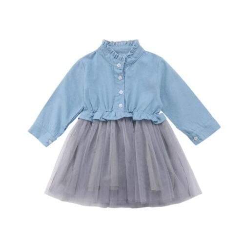Toddler Kids Baby Girls Denim Tops Tulle Dress Patchwork Party Pageant Girl Long Sleeve Clothes Cute Mini Dress Girl 1-6T