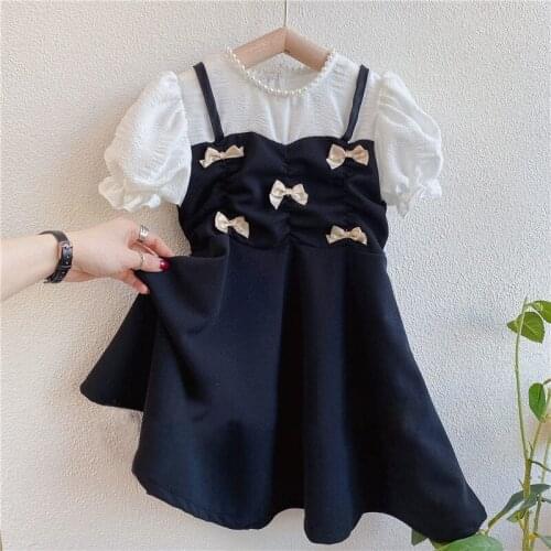 Kids Dresses for Girls New Fashion Short Puff Sleeve Sweet Bowknot Dress Kids Party Costume Summer Elegant Clothes 4 To 14Years