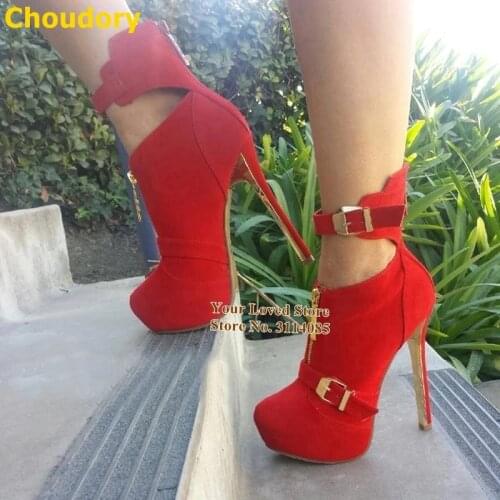 Women Hot Red Sude Thin High Heel Boots Gold Metal Buckle Strap Dress Pumps Zipper Embellished Nightclub Gladiator Booties