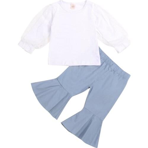 FOCUSNORM 0-4Y Lovely Baby Girls Autumn Clothes Sets Lace Long Puff Sleeve Pullover Tops Solid Flare Pants 2pcs Outfits