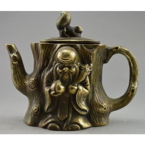 Chinese Old Copper Carved Squirrel Immortal Tree Tea Pot