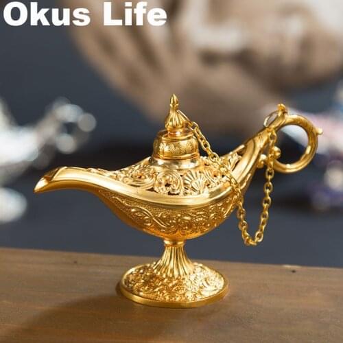 Classic Elegant Vintage Metal Carved Aladdin Lamp Light Wishing Tea Oil Pot Decor Collectable Saving Collection Arts Craft Gift