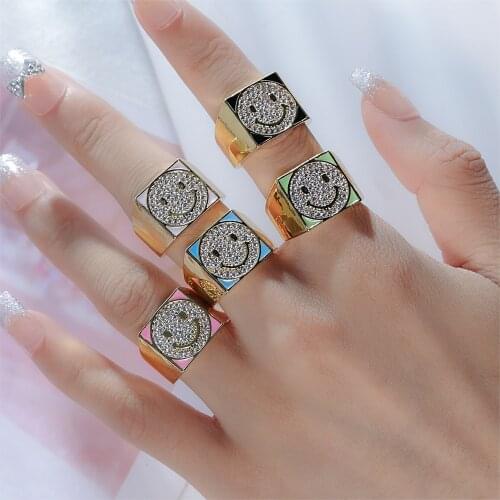 2021 New Gold Color Copper Rings Square Cute Enamel Face Rings Wonderful Choice Colorful Micro pave CZ Ring for Women Jewelry