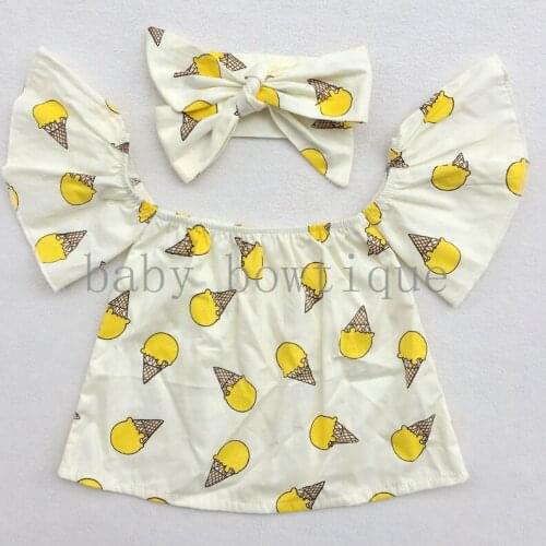 Ice Cream Off Shoulder Crop Top Shirt for Baby Girls Toddler Sunflower Print Top with headband