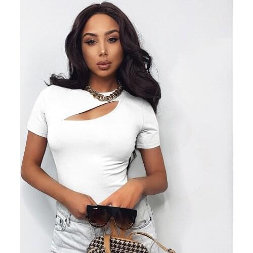 Sexy Crop Top Short Sleeve Cut Out T Shirt 2021 Summer Clothes Fashion Slim Streetwear Cotton High Neck T Shirt Women
