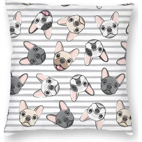 Cool Grey Stripes Cute French Bulldogs Square Throw Pillow Cover Home Decor Two Side Frenchies Pet Dog Cushion Cover for Sofa