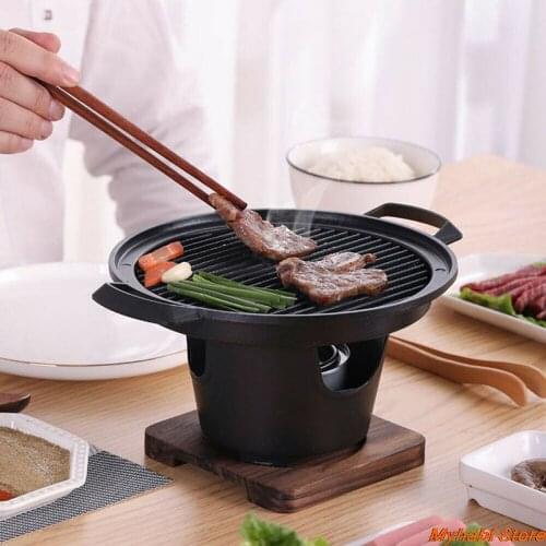 Mini BBQ Stove Japanese Alcohol Stove Household Wooden Barbecue Grill Outdoor BBQ Plate Non-stick Barbecue Pan Roast Meat Tools