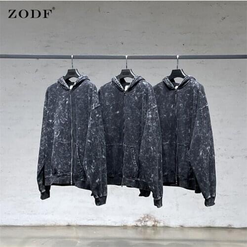 ZODF Retro Men Winter Thick Washed Cotton Hoodies High Street Oversized Unisex Zipper Hooded Sweatshirts Streetwear HY0280