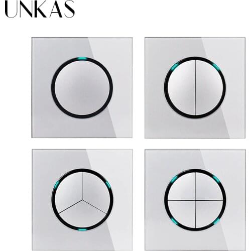 UNKAS Grey 1 2 3 4 Gang 1 / 2 Way Random Click On / Off Pass Through Wall Light Switch LED Indicator Gray Crystal Glass Panel