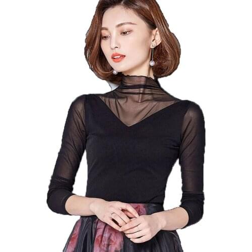 2020 New Women Autumn Korean Fashion Tunic Tees Female Long Sleeve Mesh Solid Mesh Patchwork All-match T Shirts Tops A234