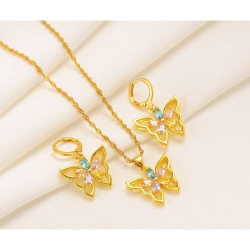 African vintage flower butterfly Pendant Necklace Gold Color Jewelry for Women wedding bridal party jewelry sets girls Gift