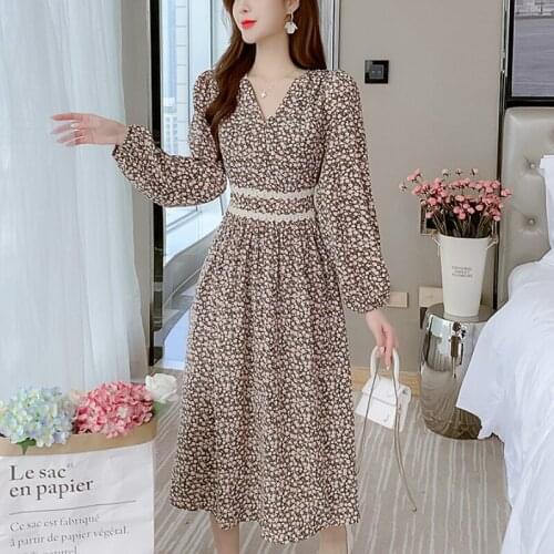 2021 New V-neck Chiffon Dress Women Spring Autumn Fashion Female Long Sleeve Printed Floral Casual Dresses A-line Vestido