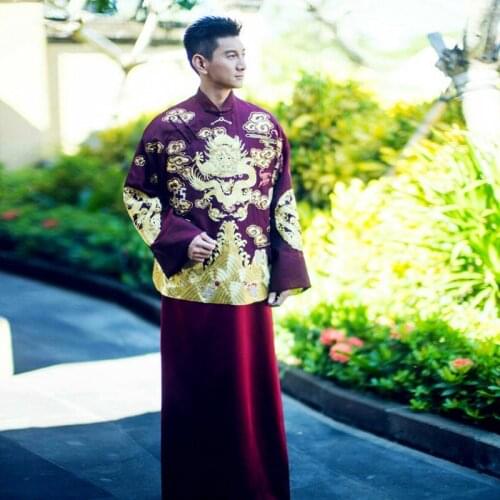 Traditional Chinese Wedding Dress Vintage Men Cheongsam Long Satin Qipao Embroidery Dragon Vestido Oriental Gold Brocade Gown