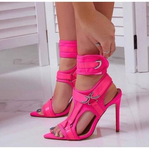 Stylish Pink Buckle Strap Women Sandals Stiletto Heels Metal Buckle Decoration Dress Pumps Pointed Toe Hollow Cage Shoes