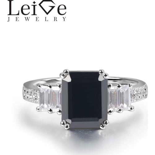Leige Jewelry Real Black Spinel Ring Emerald Cut Prong Setting 925 Sterling Silver for Women Engagement Ring Romantic Gifts