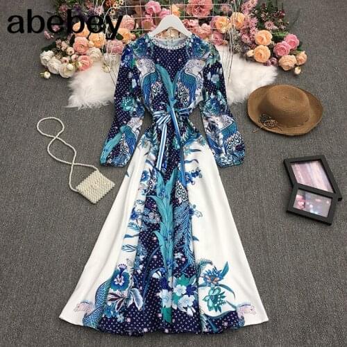 2021 New Spring Fashion versatile O-neck long sleeve Dress high waist slim medium length print A-line Dress