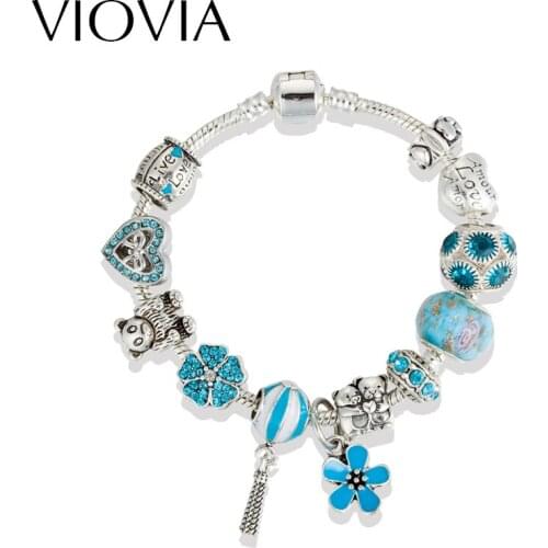 VIOVIA New Fashion Blue Charm Bracelets For Women Rank Hot Air Balloon DIY Beads Fit Bracelets Pulseira Feminina Gfit B16188