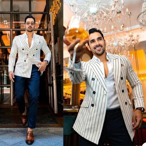 YIWUMENSA Spring/Autumn White Pinstripe Double Breasted Jacket Terno Masculino Tailor-Made Wedding Suit For Men 2021 Overcoat