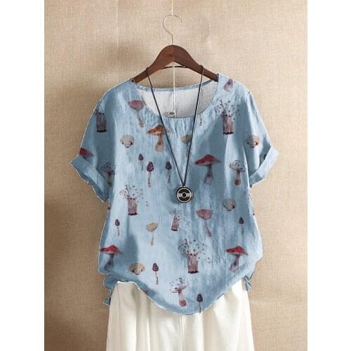 Womens T-shirt summer mushroom print round neck loose and comfortable shirt fashion womens short sleeve Digital Print Top