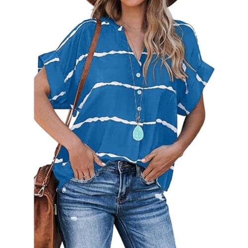 Summer Fashion Ladies Women Blouse Casual Short Sleeve V-Neck Spandex Tie Dye Stripe Loose Shirt Top Plus Size Beach Streetwear