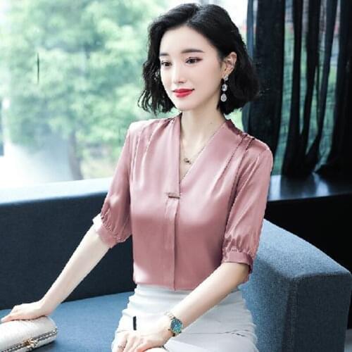 Women Spring Summer Style Faux Silk Office Work Wear Blouses Shirts Lady Casual Half Sleeve V-Neck Blusas Tops DD8179