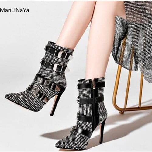 Cow Suede Crystal Inlaid Women Ankle Boots Pointed Toe Rivet Buckle Belt Chelsea Boots Thin Heel Zip Leather Female Autumn Boots