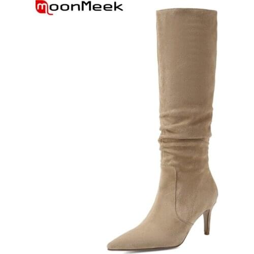MoonMeek 2020 New Brand women boots stiletto heels pointed toe fod shoes woman winter black apricot color knee high boots