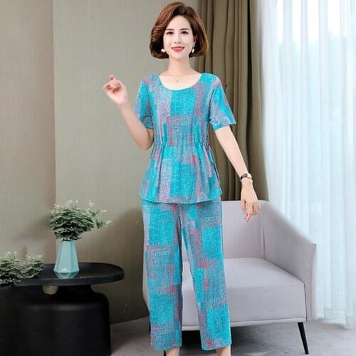 Plus Size Women Summer 2 Piece Sets 2021 Fashion Casual Suit Prints Short Sleeve T-shirts and Elastic Waist Pants Two Piece Set