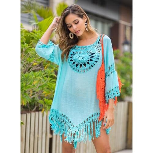 Happie Queens women solid half sleeve beach loose hollow out Bohemian mini dress Ladies o-neck Boho sundress