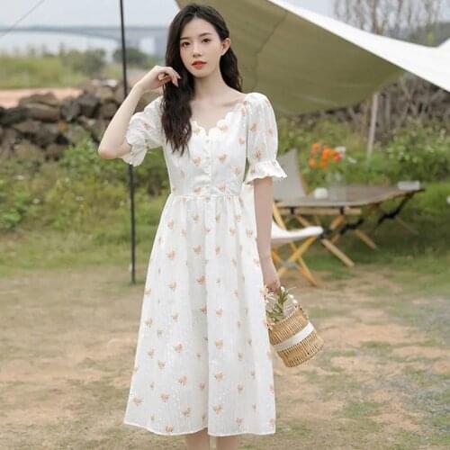 Sweet Printing Puff Sleeve Slim Waist Dress Women Korean style Kawaii A-line Dresses Female 2021 new Summer V-neck Party Dress
