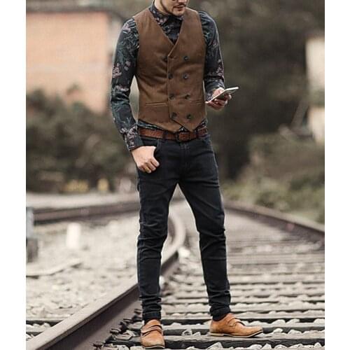 TPSAADE Mens Suit Vest V Neck Brown Black Double-breasted Slim Fit Waistcoat Casual Formal Business Groomman For Wedding Vest