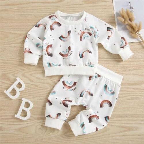 Baby Girls Boys Spring Fall 2Pcs Set Fresh Rainbow Print Long Sleeve O-Neck Pullover Top Elastic Waist Pants for Kids 3-24Months