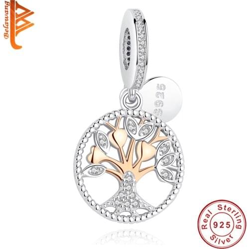 925 Sterling Silver Rose Gold Tree of Life Pendant Beads With Crystal CZ Accessories fit Bracelet DIY Jewelry Making