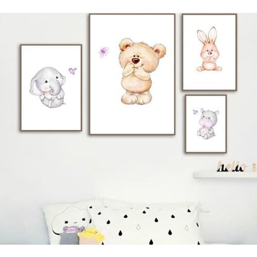 Abstract Bear Elephant Rabbit Hippo Wall Art Poster Butterfly Art Print Animal Canvas Painting Nordic Pictures Baby Room Decor