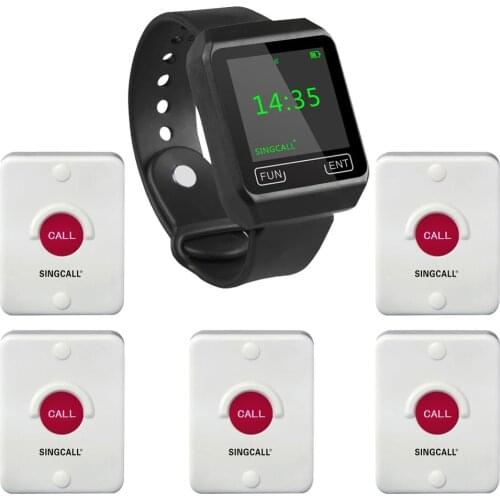 SINGCALL Wireless Service Calling Waiter, Factory Bell System,1 Watch Receiver with 5 Bells for Hospital, Restaurant,Coffee Shop