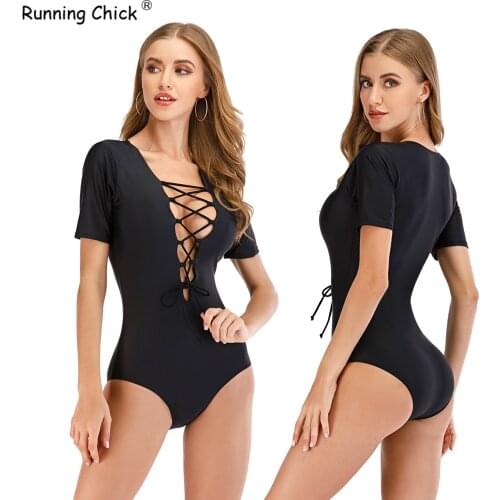 Black Surfing Suit One-piece Short-sleeved Womens Swimsuit Diving Suit, Bathing Suit Women One Piece