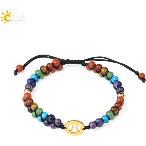 CSJA Natural Stone Handmade Braided Bracelet Reiki Double Layers Bead 7 Chakra Bangle Tree of Life OM Bracelets Adjustable G792