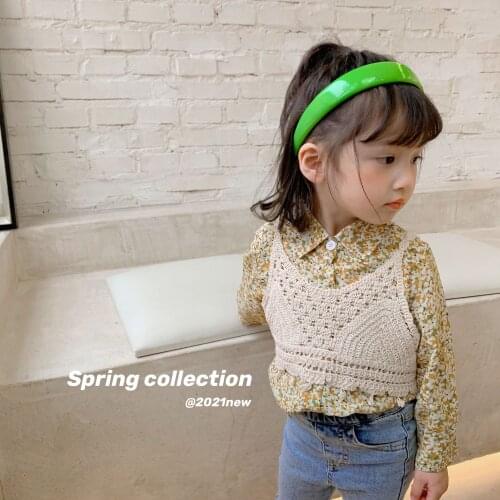 Childrens Wear 2021 Summer and Autumn Girl Cute Print Chiffon Shirt French Vintage Lace Blouse Idyllic Style Two Piece Set top