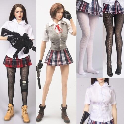 TYM126 1/6 Scale Female Soldier Cute Student Plaid Skirt Stockings Shirt Knitted Back Set for 12 inch Action Figure Model Toy