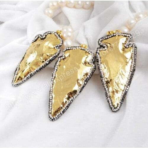 BOROSA 5pcs/lot Druzy Large Full Gold Color Natural Gems Arrowhead Pendant Bead Paved Zircons JAB254 Drusy jewelry