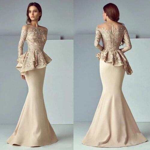 Elegant Mermaid Prom Gowns Long Sleeve Chic Peplum Khaki Formal Dress Lace Top Arabic Europe Women Vintage Evening Party Dress