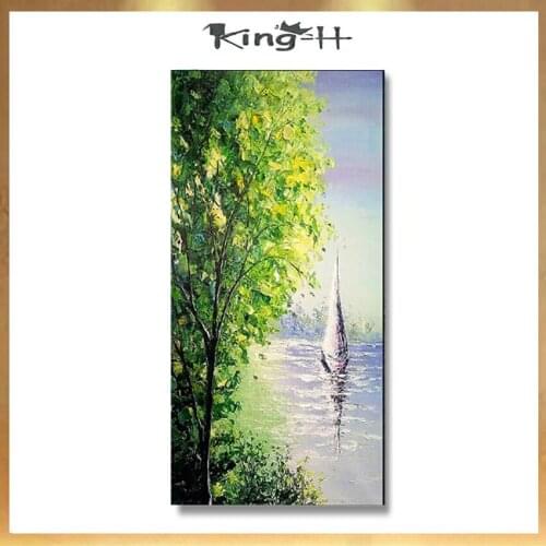 Best selling beautiful spring riverside green trees scenery and boat pure handmade abstract oil painting for living room decor