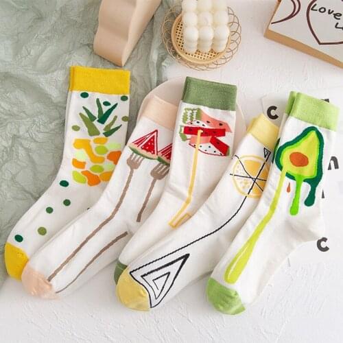 Cute Women Socks Cartoon Fruit embroidery Design Avocado watermelon lemon Kiwi Strawberry Funny Happy Socks Harajuku Short Socks